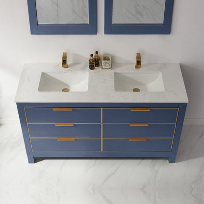 Jackson 60" Double Bathroom Vanity Set in Royal Blue and Aosta White Engineered Stone Countertop with Mirror