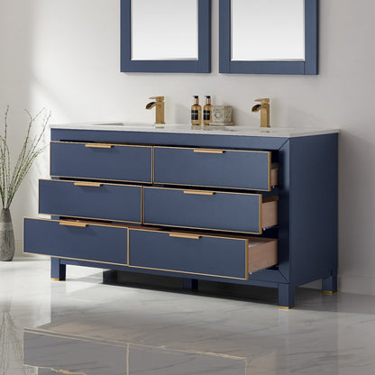Jackson 60" Double Bathroom Vanity Set in Royal Blue and Aosta White Engineered Stone Countertop with Mirror