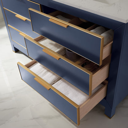 Jackson 60" Double Bathroom Vanity Set in Royal Blue and Aosta White Engineered Stone Countertop with Mirror