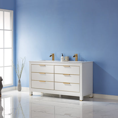 Jackson 60" Double Bathroom Vanity Set in White and Aosta White Engineered Stone Countertop without Mirror