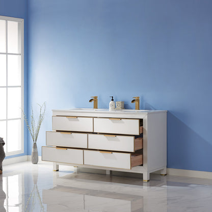 Jackson 60" Double Bathroom Vanity Set in White and Aosta White Engineered Stone Countertop without Mirror