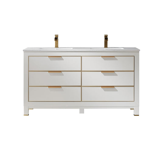 Jackson 60" Double Bathroom Vanity Set in White and Aosta White Engineered Stone Countertop without Mirror