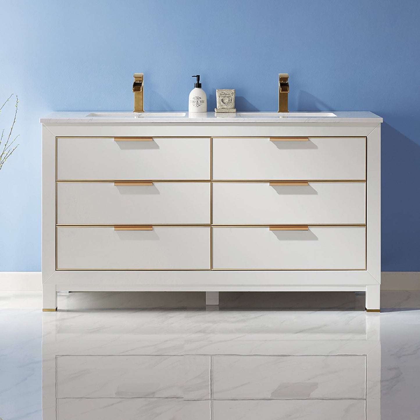 Jackson 60" Double Bathroom Vanity Set in White and Aosta White Engineered Stone Countertop without Mirror
