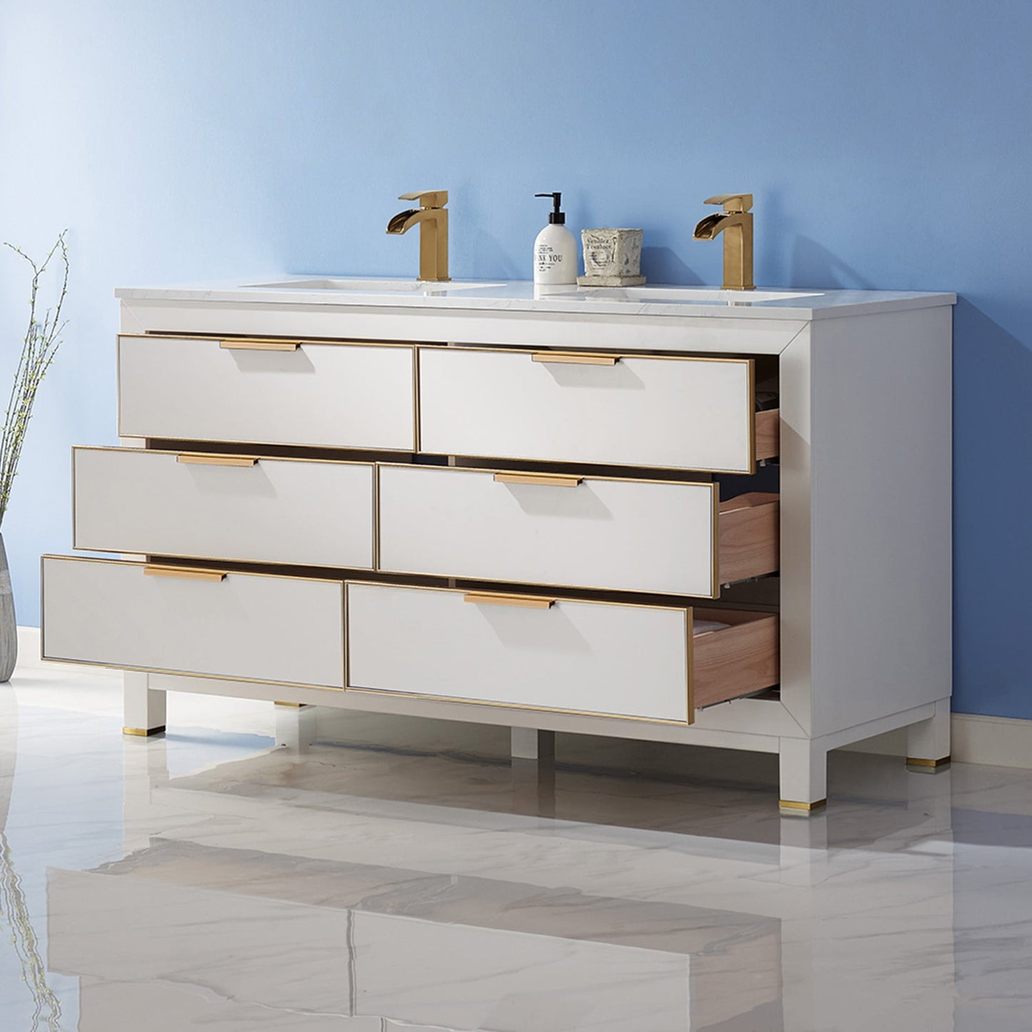 Jackson 60" Double Bathroom Vanity Set in White and Aosta White Engineered Stone Countertop without Mirror