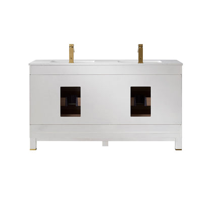Jackson 60" Double Bathroom Vanity Set in White and Aosta White Engineered Stone Countertop without Mirror