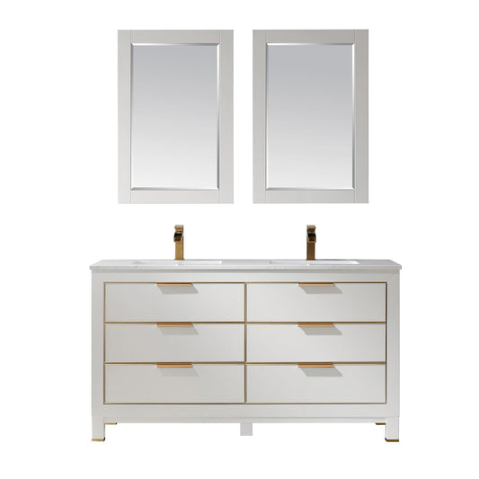 Jackson 60" Double Bathroom Vanity Set in White and Aosta White Engineered Stone Countertop with Mirror