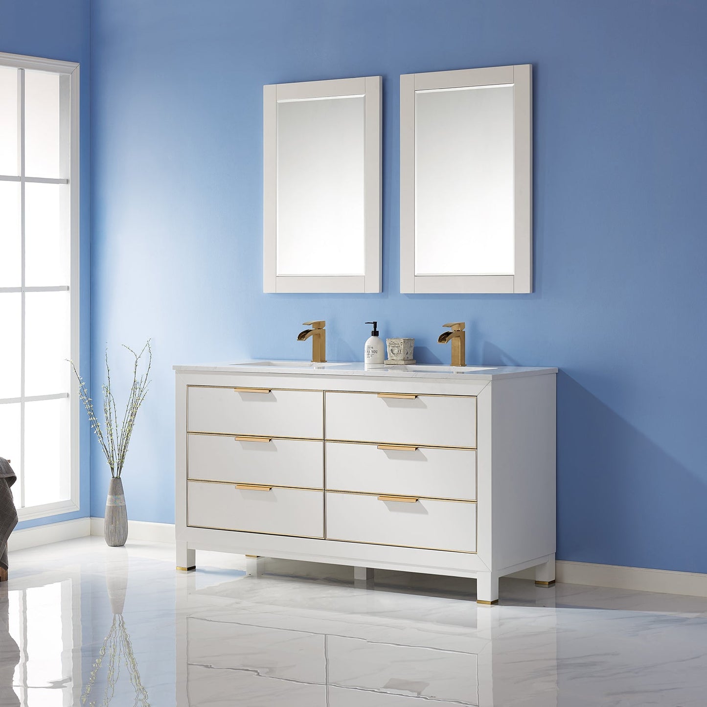 Jackson 60" Double Bathroom Vanity Set in White and Aosta White Engineered Stone Countertop with Mirror