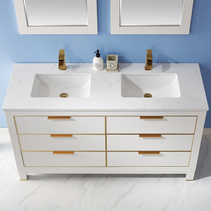 Jackson 60" Double Bathroom Vanity Set in White and Aosta White Engineered Stone Countertop with Mirror