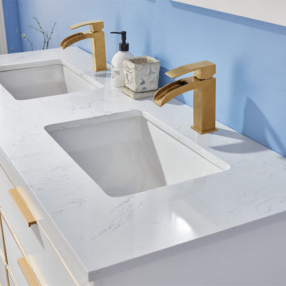 Jackson 60" Double Bathroom Vanity Set in White and Aosta White Engineered Stone Countertop with Mirror