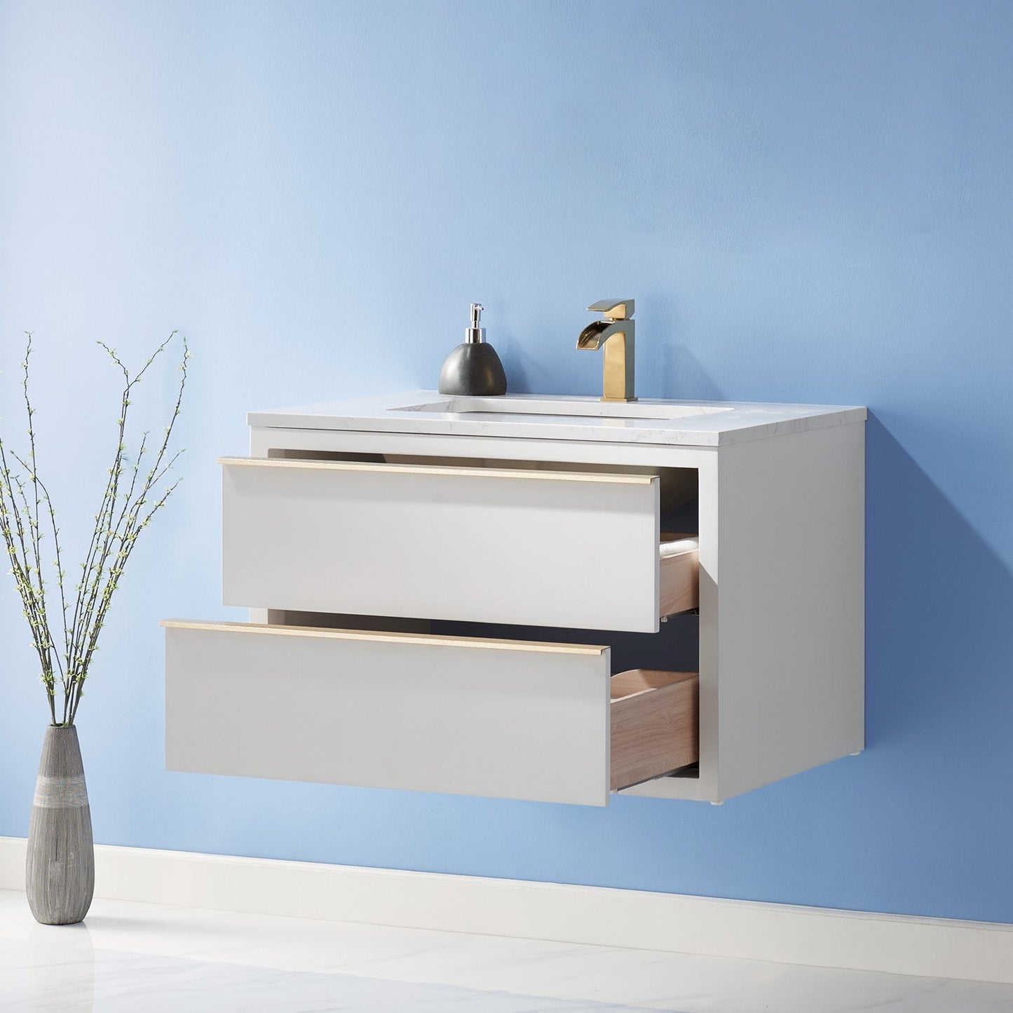Morgan 30" Single Bathroom Vanity Set in White and Aosta White Engineered Stone Countertop without Mirror