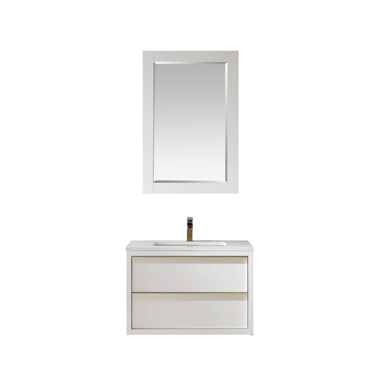 Morgan 30" Single Bathroom Vanity Set in White and Aosta White Engineered Stone Countertop with Mirror