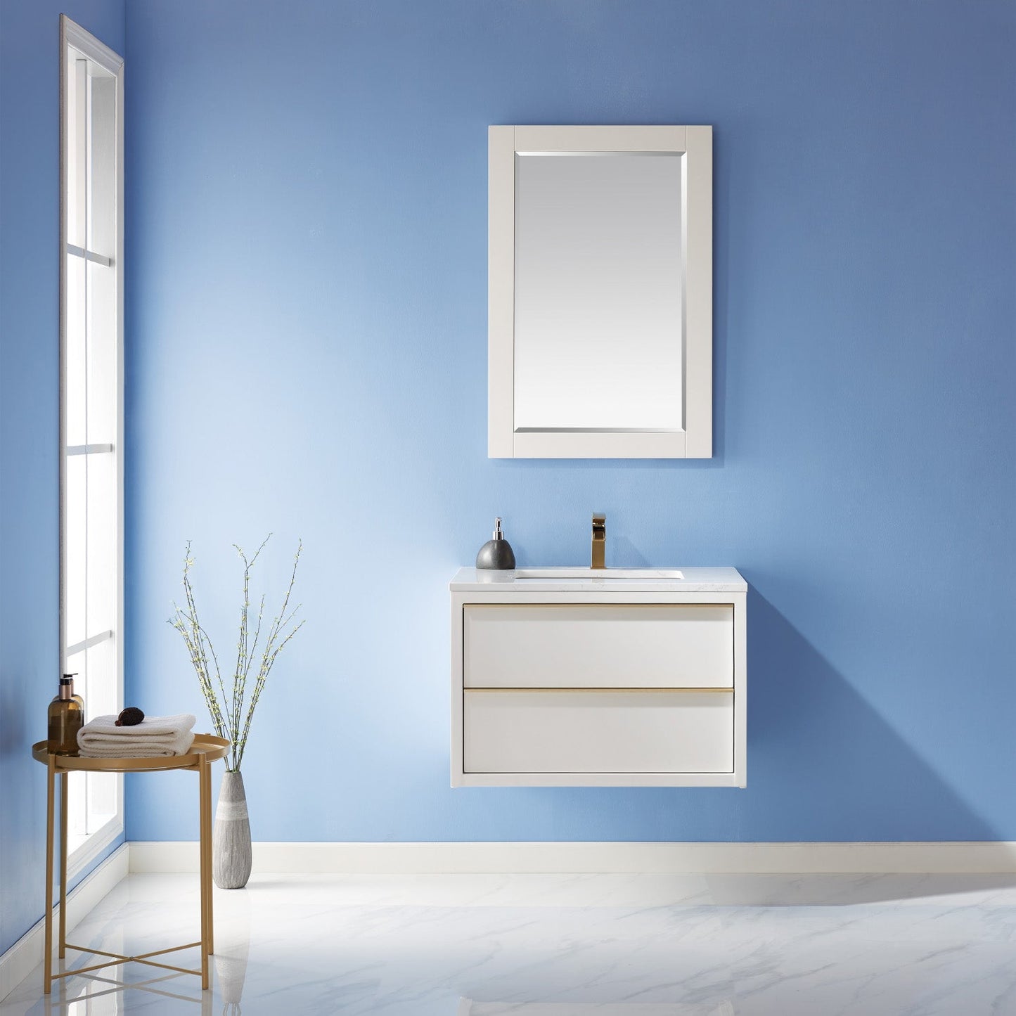 Morgan 30" Single Bathroom Vanity Set in White and Aosta White Engineered Stone Countertop with Mirror