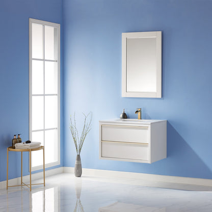Morgan 30" Single Bathroom Vanity Set in White and Aosta White Engineered Stone Countertop with Mirror