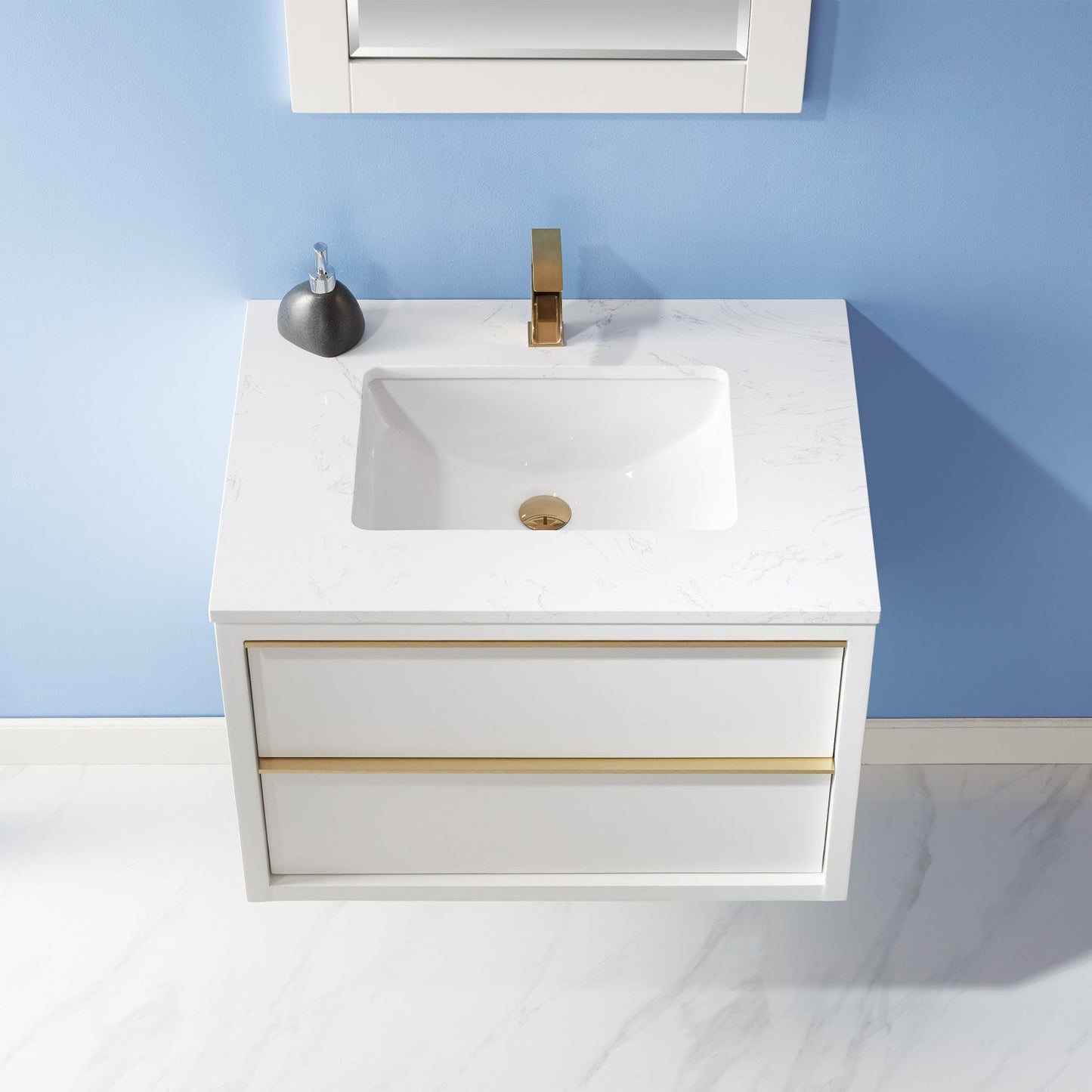 Morgan 30" Single Bathroom Vanity Set in White and Aosta White Engineered Stone Countertop with Mirror