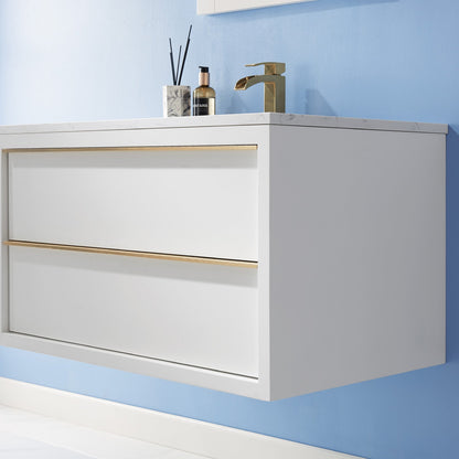 Morgan 36" Single Bathroom Vanity Set in White and Aosta White Engineered Stone Countertop without Mirror