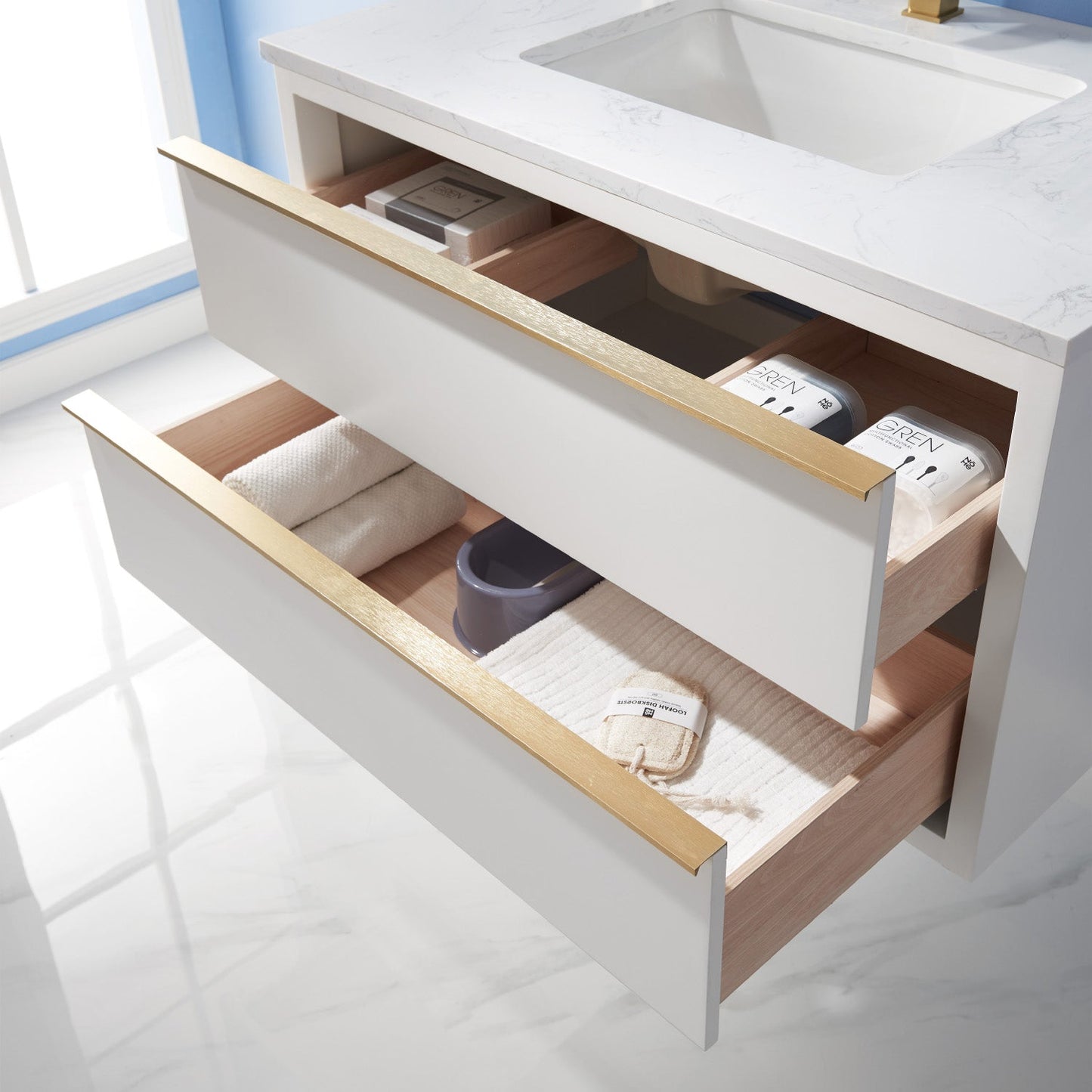 Morgan 36" Single Bathroom Vanity Set in White and Aosta White Engineered Stone Countertop without Mirror
