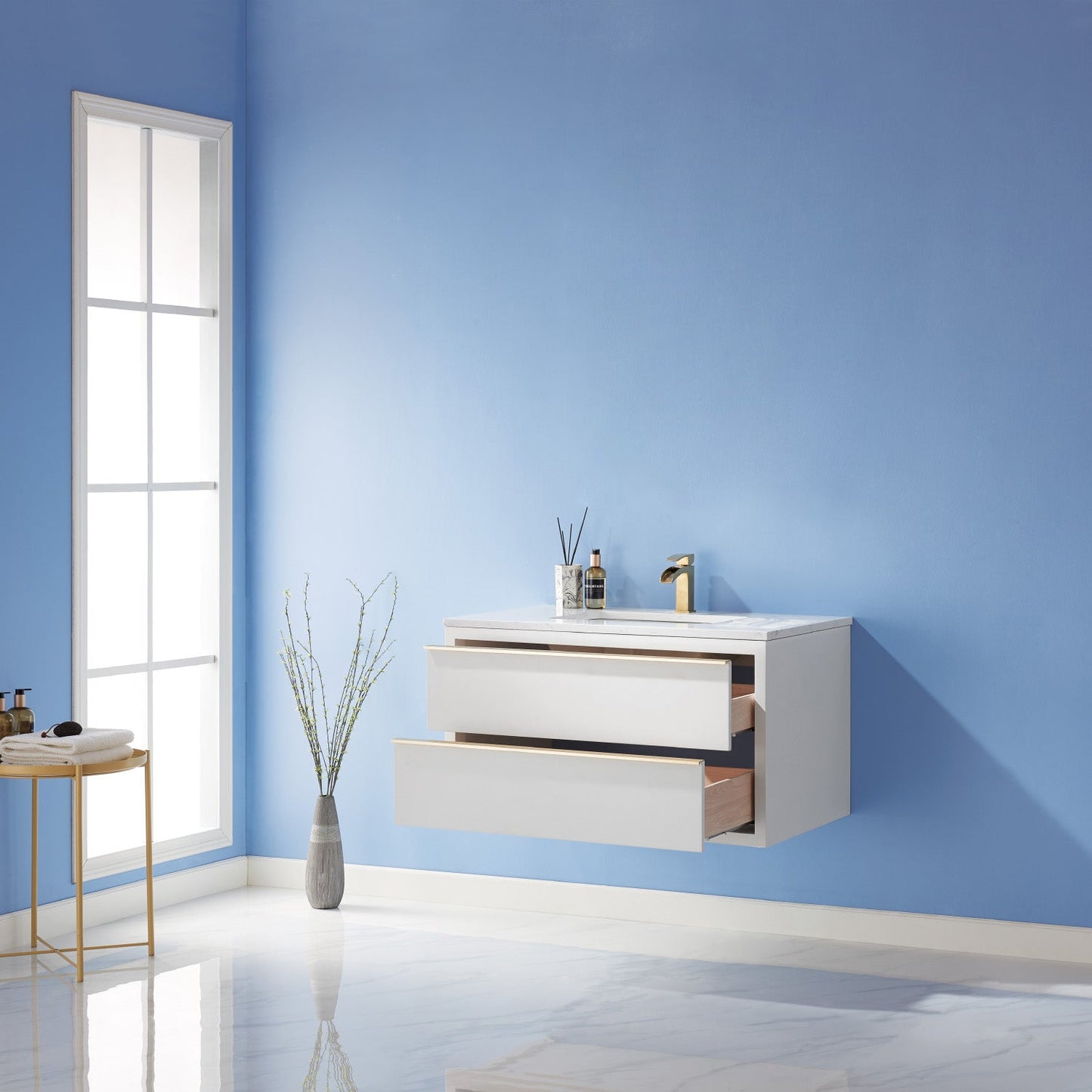 Morgan 36" Single Bathroom Vanity Set in White and Aosta White Engineered Stone Countertop without Mirror