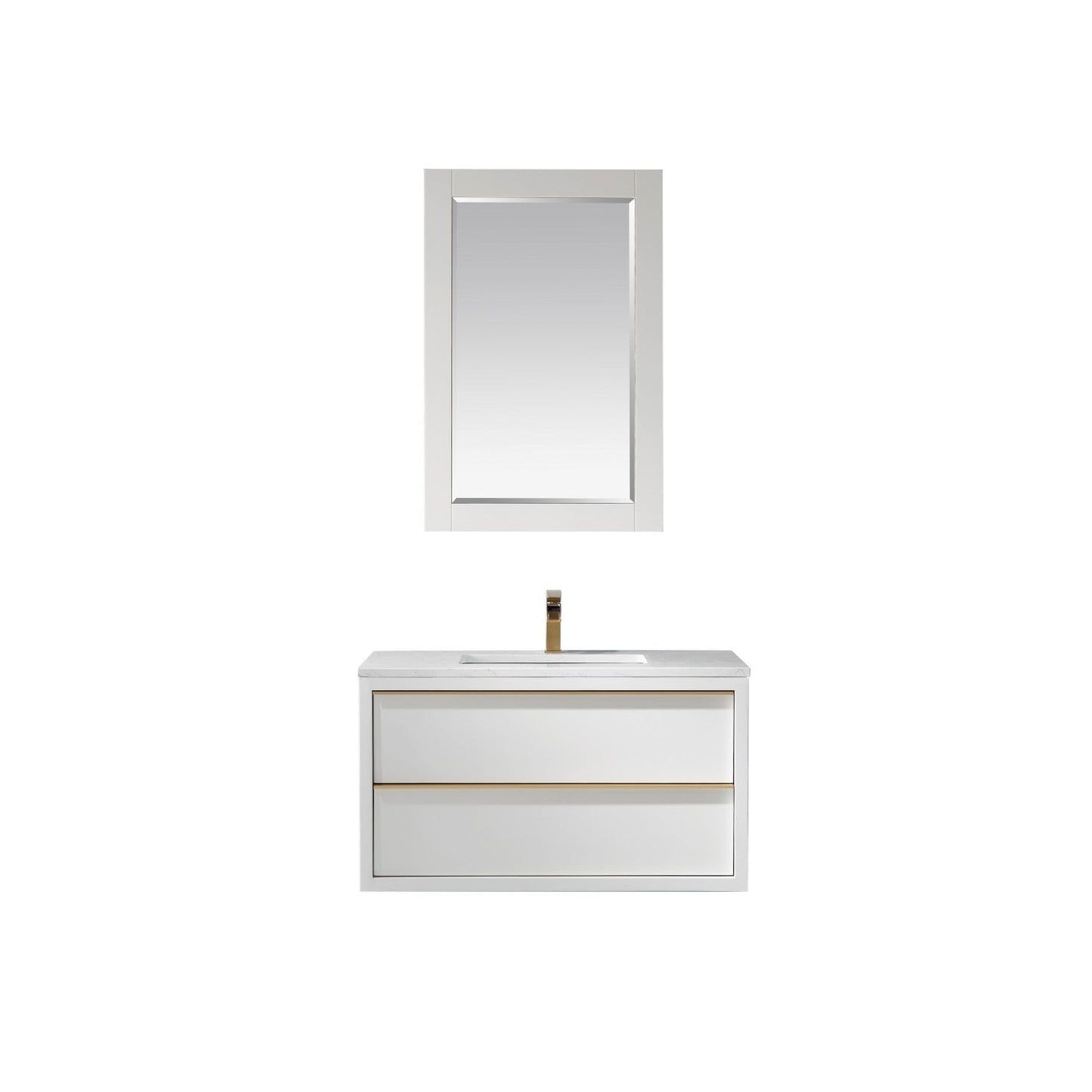 Morgan 36" Single Bathroom Vanity Set in White and Aosta White Engineered Stone Countertop with Mirror