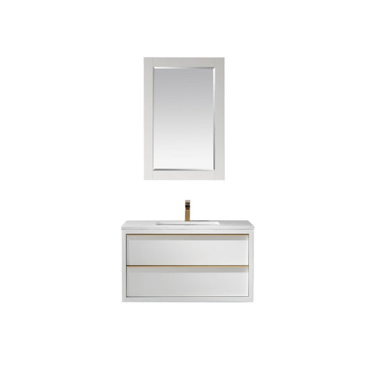 Morgan 36" Single Bathroom Vanity Set in White and Aosta White Engineered Stone Countertop with Mirror