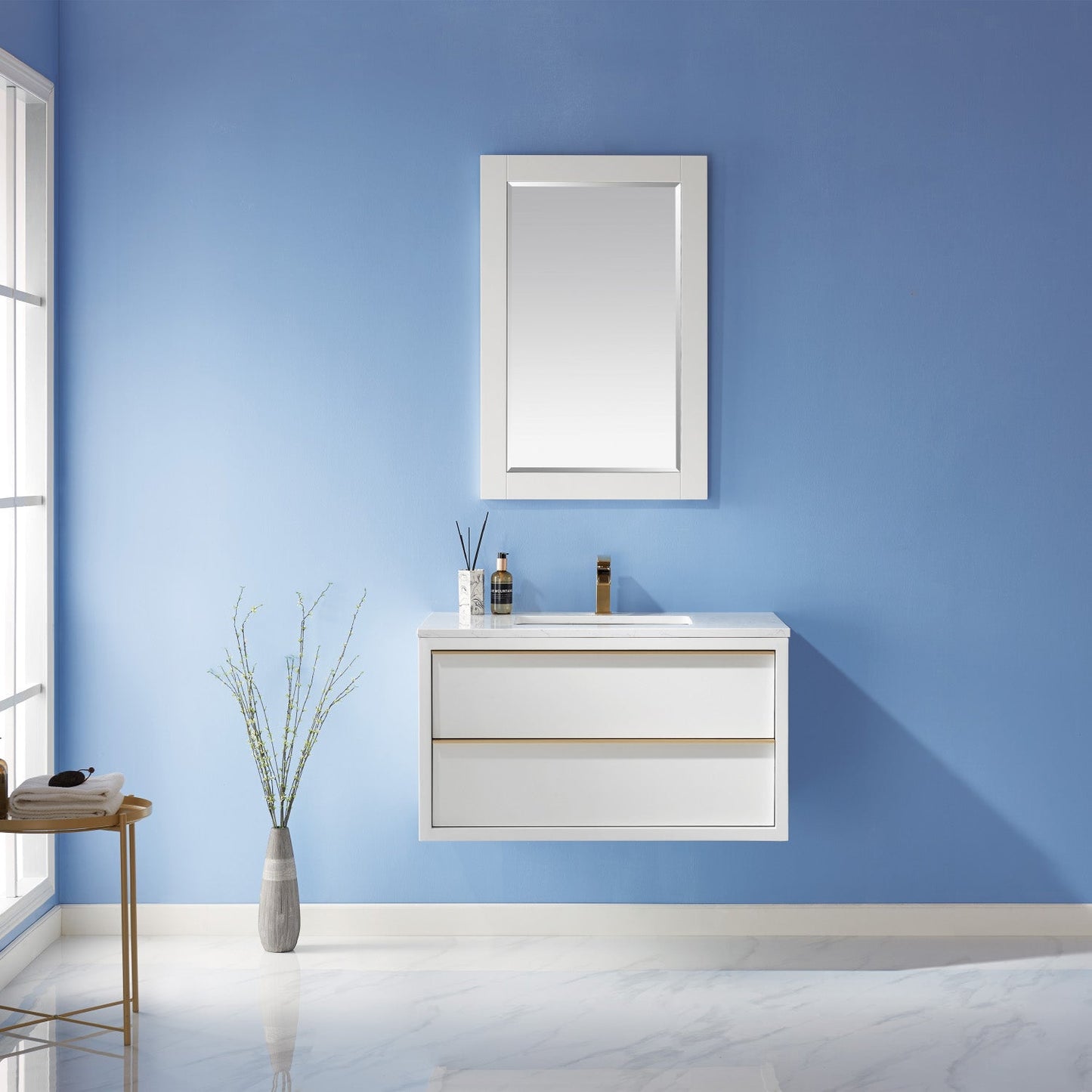 Morgan 36" Single Bathroom Vanity Set in White and Aosta White Engineered Stone Countertop with Mirror
