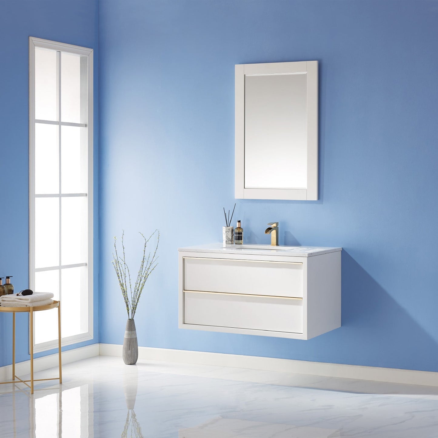 Morgan 36" Single Bathroom Vanity Set in White and Aosta White Engineered Stone Countertop with Mirror