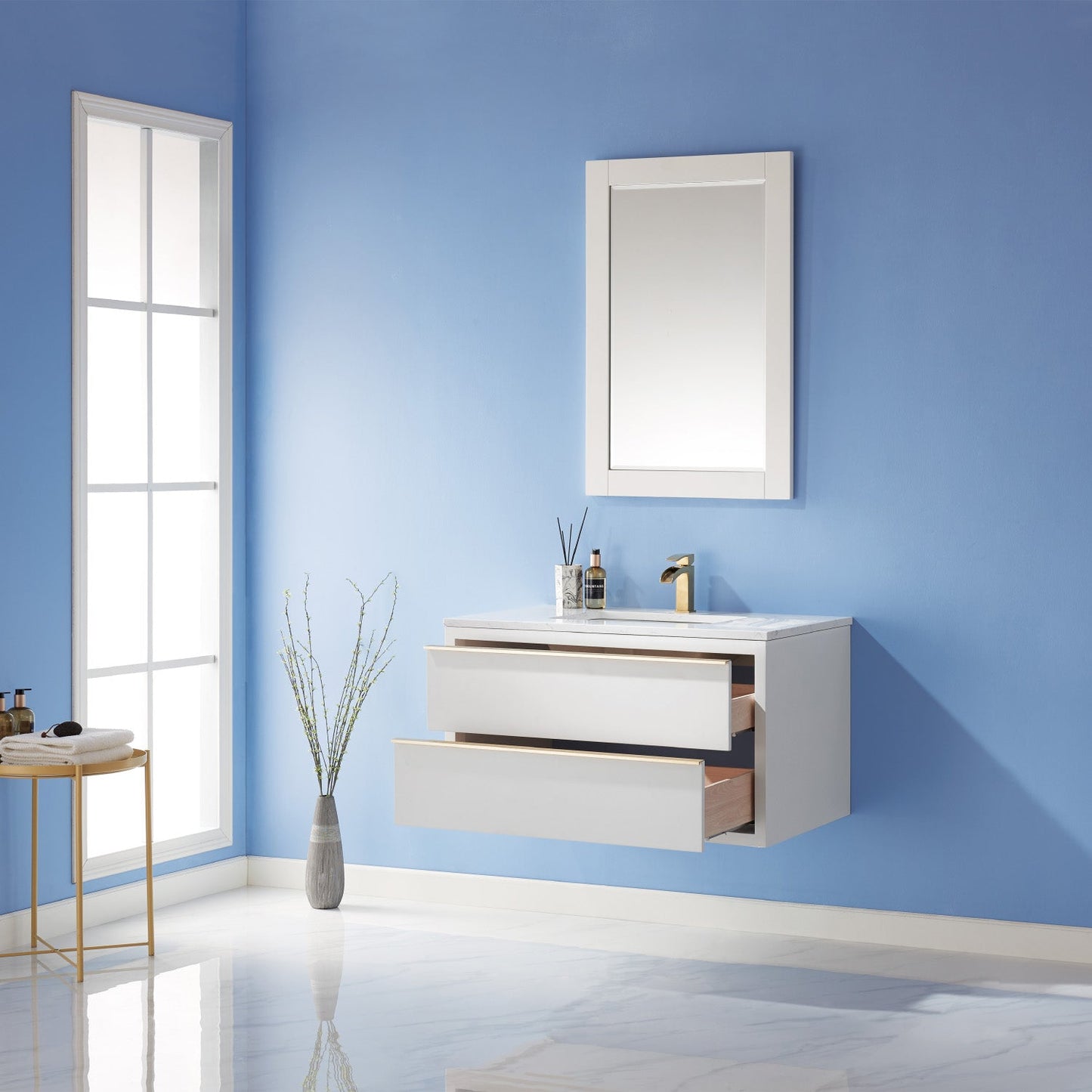 Morgan 36" Single Bathroom Vanity Set in White and Aosta White Engineered Stone Countertop with Mirror