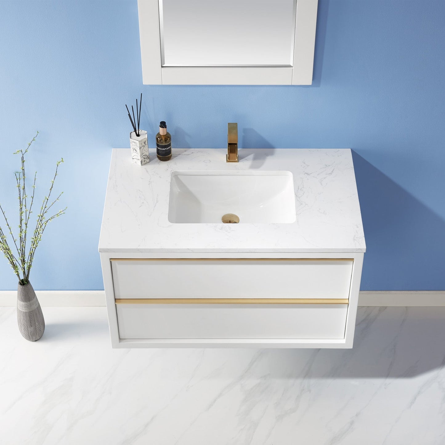 Morgan 36" Single Bathroom Vanity Set in White and Aosta White Engineered Stone Countertop with Mirror