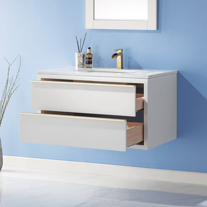 Morgan 36" Single Bathroom Vanity Set in White and Aosta White Engineered Stone Countertop with Mirror
