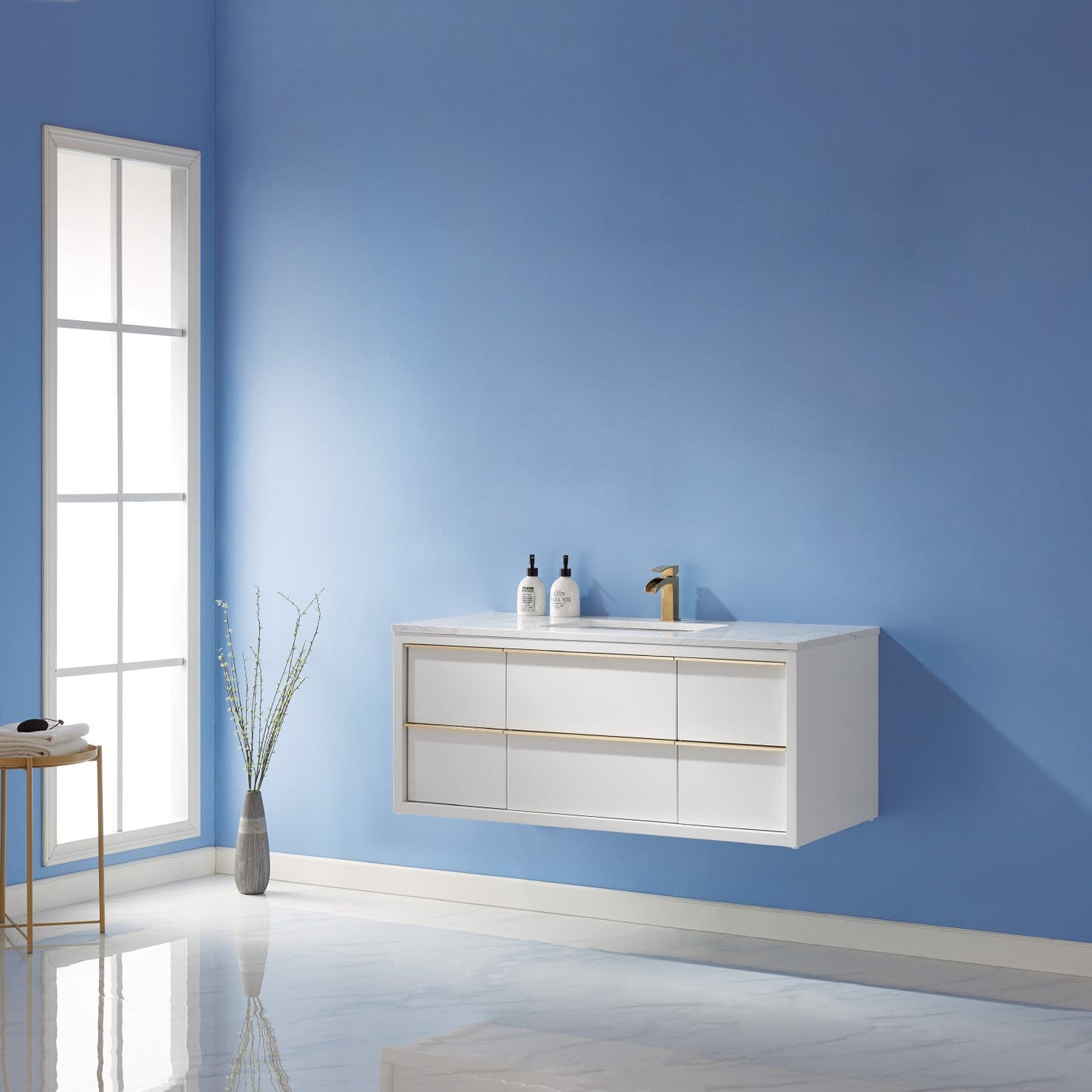 Morgan 48" Single Bathroom Vanity Set in White and Aosta White Engineered Stone Countertop without Mirror