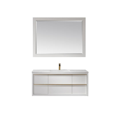 Morgan 48" Single Bathroom Vanity Set in White and Aosta White Engineered Stone Countertop with Mirror