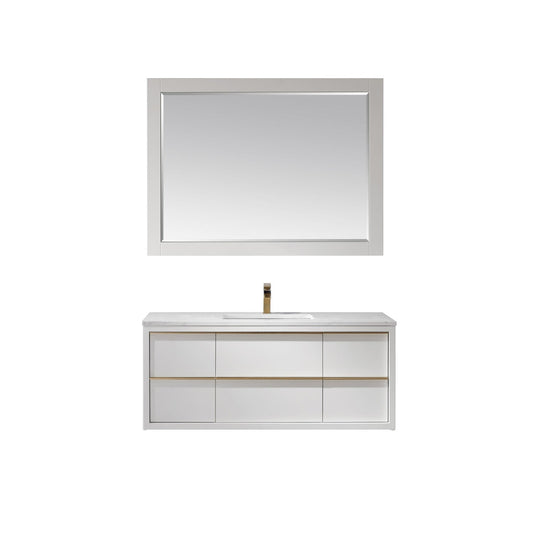 Morgan 48" Single Bathroom Vanity Set in White and Aosta White Engineered Stone Countertop with Mirror