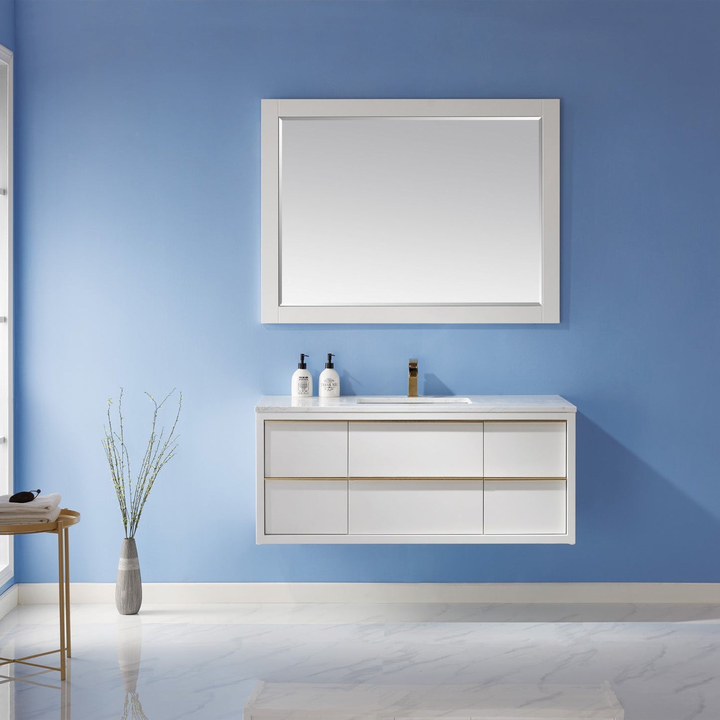 Morgan 48" Single Bathroom Vanity Set in White and Aosta White Engineered Stone Countertop with Mirror