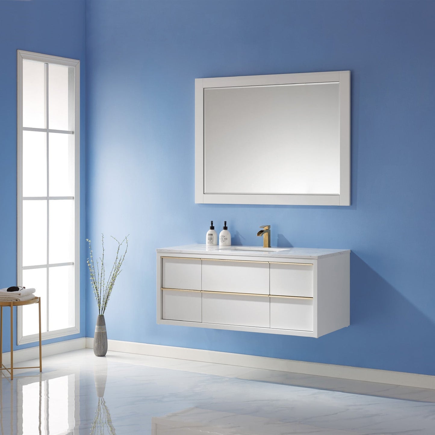 Morgan 48" Single Bathroom Vanity Set in White and Aosta White Engineered Stone Countertop with Mirror