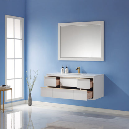 Morgan 48" Single Bathroom Vanity Set in White and Aosta White Engineered Stone Countertop with Mirror