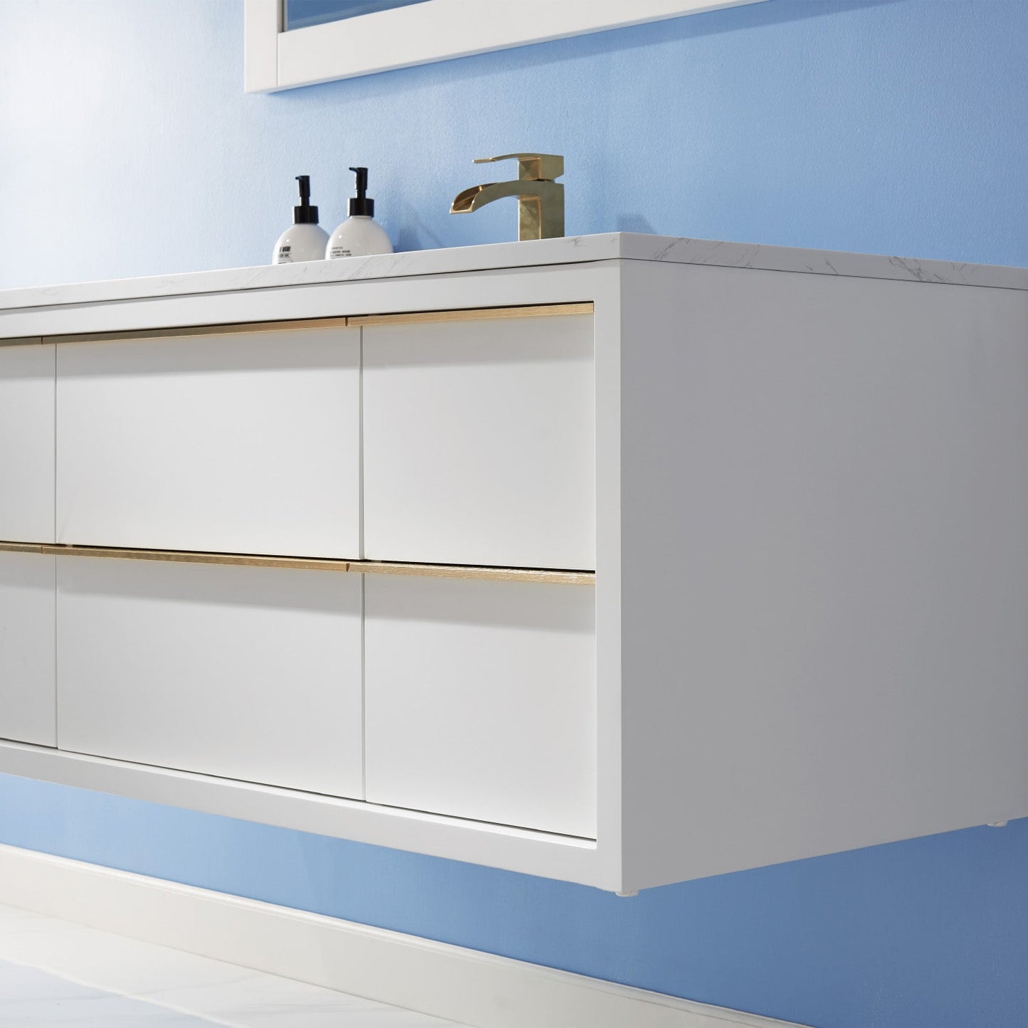 Morgan 48" Single Bathroom Vanity Set in White and Aosta White Engineered Stone Countertop with Mirror