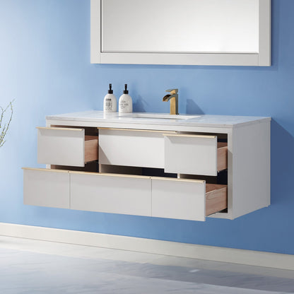 Morgan 48" Single Bathroom Vanity Set in White and Aosta White Engineered Stone Countertop with Mirror