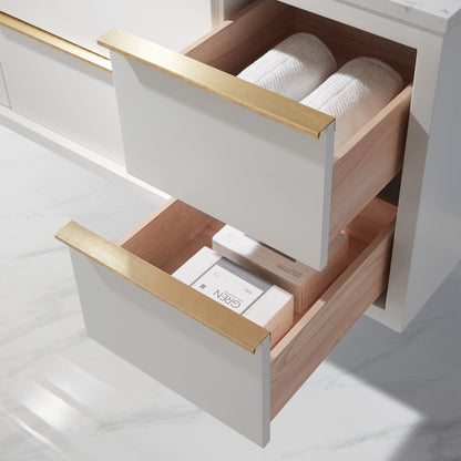 Morgan 48" Single Bathroom Vanity Set in White and Aosta White Engineered Stone Countertop with Mirror
