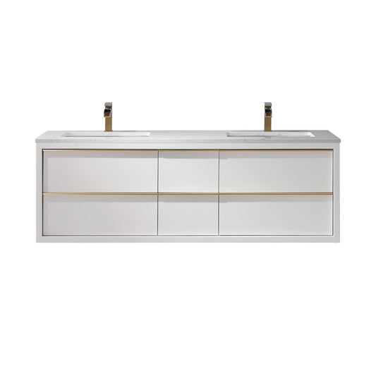 Morgan 60" Double Bathroom Vanity Set in White and Aosta White Engineered Stone Countertop without Mirror