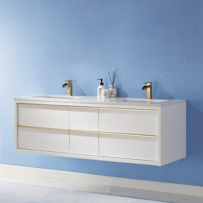 Morgan 60" Double Bathroom Vanity Set in White and Aosta White Engineered Stone Countertop without Mirror
