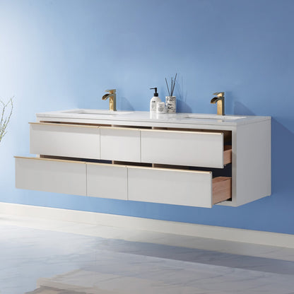 Morgan 60" Double Bathroom Vanity Set in White and Aosta White Engineered Stone Countertop without Mirror
