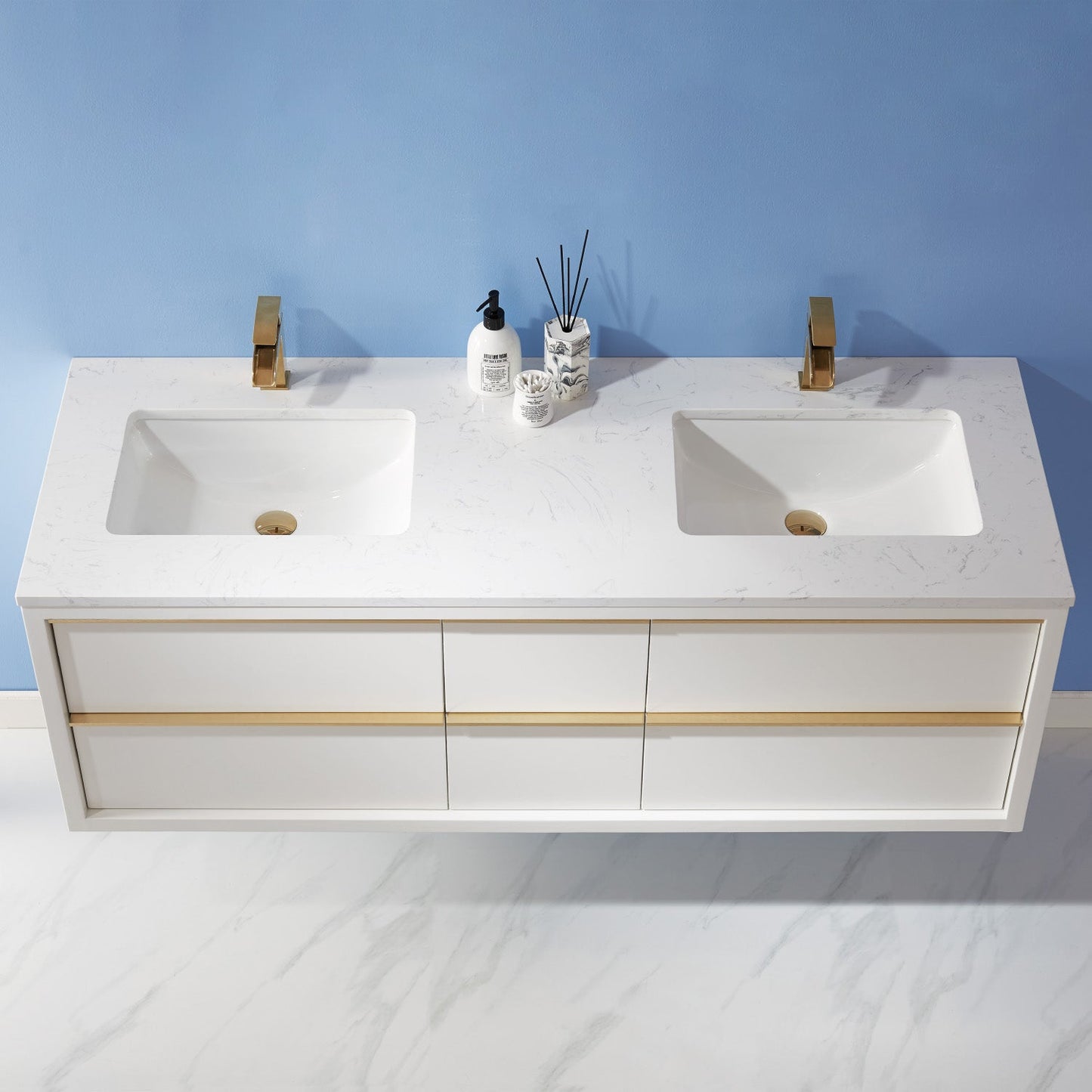 Morgan 60" Double Bathroom Vanity Set in White and Aosta White Engineered Stone Countertop without Mirror