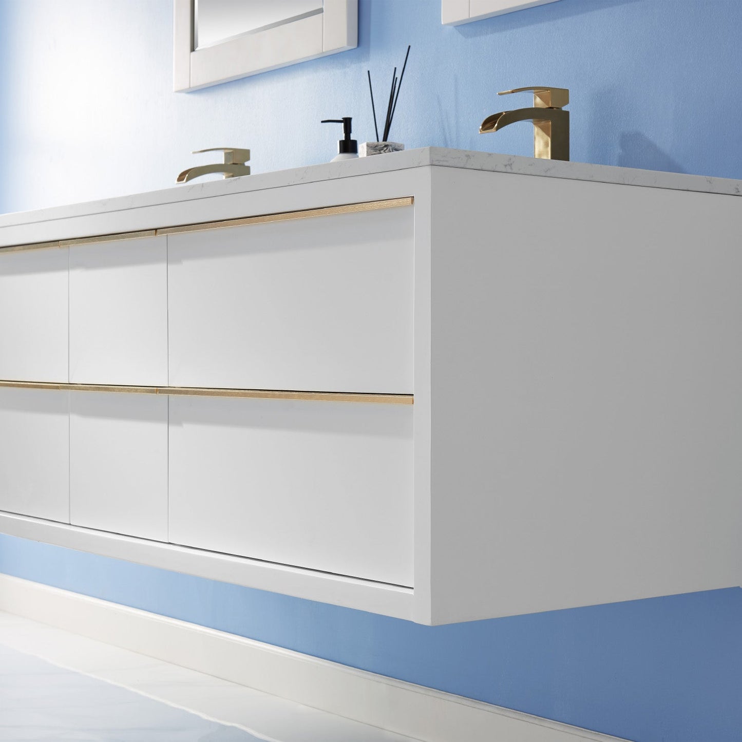 Morgan 60" Double Bathroom Vanity Set in White and Aosta White Engineered Stone Countertop without Mirror