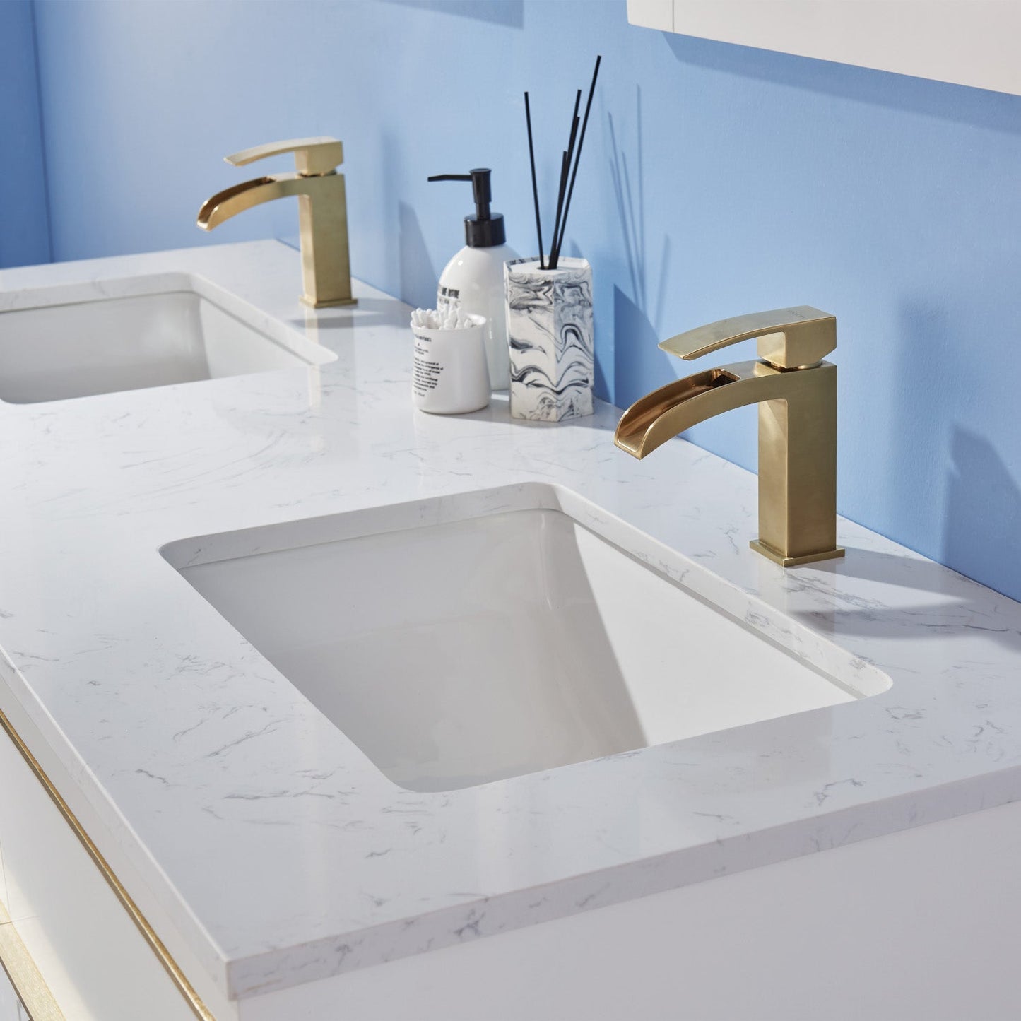 Morgan 60" Double Bathroom Vanity Set in White and Aosta White Engineered Stone Countertop without Mirror