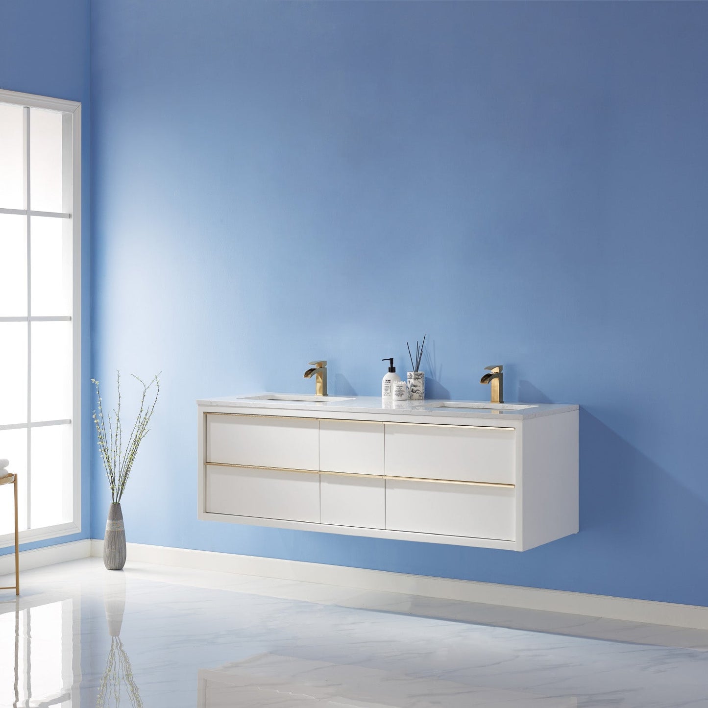 Morgan 60" Double Bathroom Vanity Set in White and Aosta White Engineered Stone Countertop without Mirror
