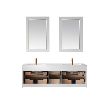 Morgan 60" Double Bathroom Vanity Set in White and Aosta White Engineered Stone Countertop with Mirror