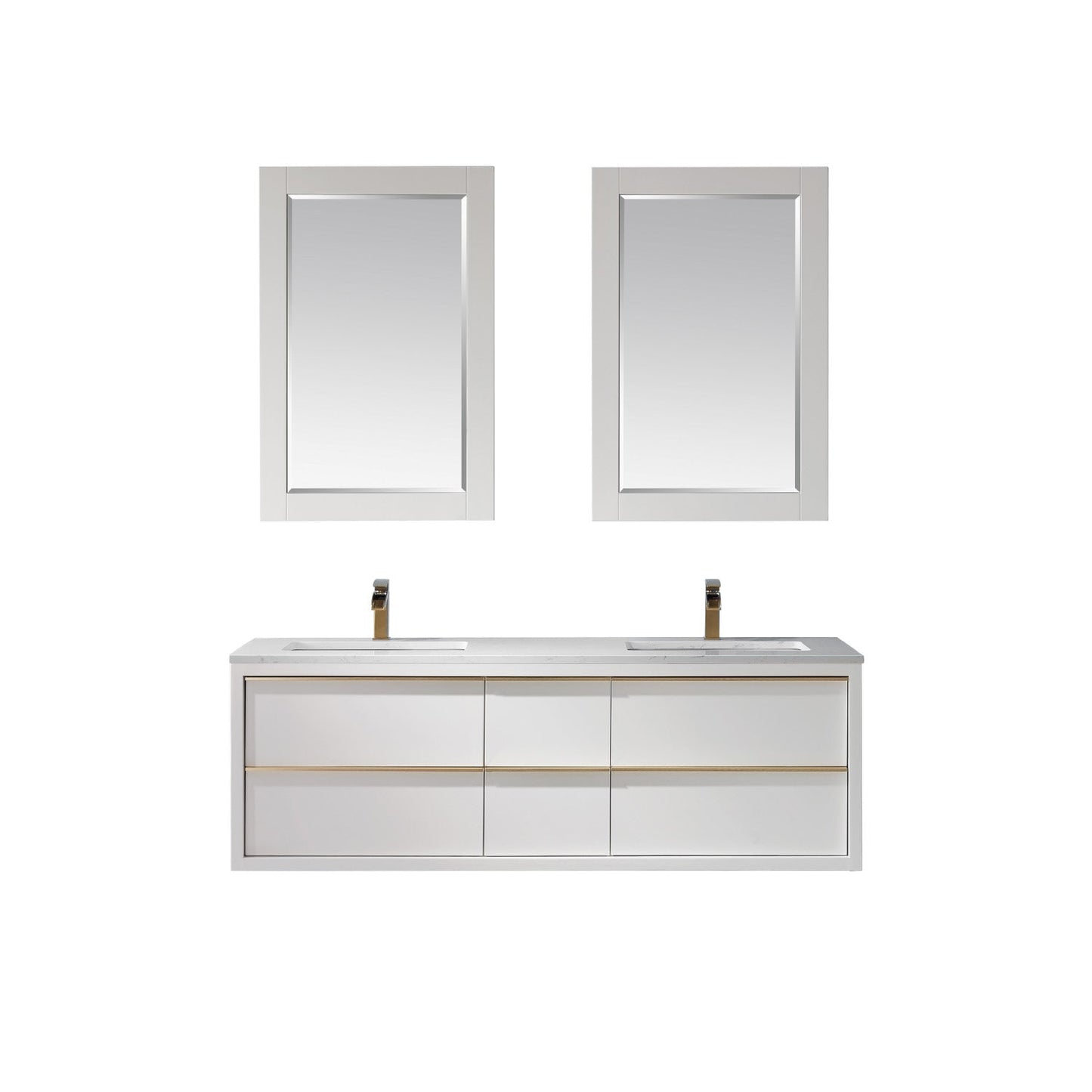 Morgan 60" Double Bathroom Vanity Set in White and Aosta White Engineered Stone Countertop with Mirror