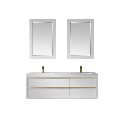Morgan 60" Double Bathroom Vanity Set in White and Aosta White Engineered Stone Countertop with Mirror