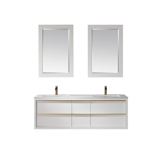 Morgan 60" Double Bathroom Vanity Set in White and Aosta White Engineered Stone Countertop with Mirror