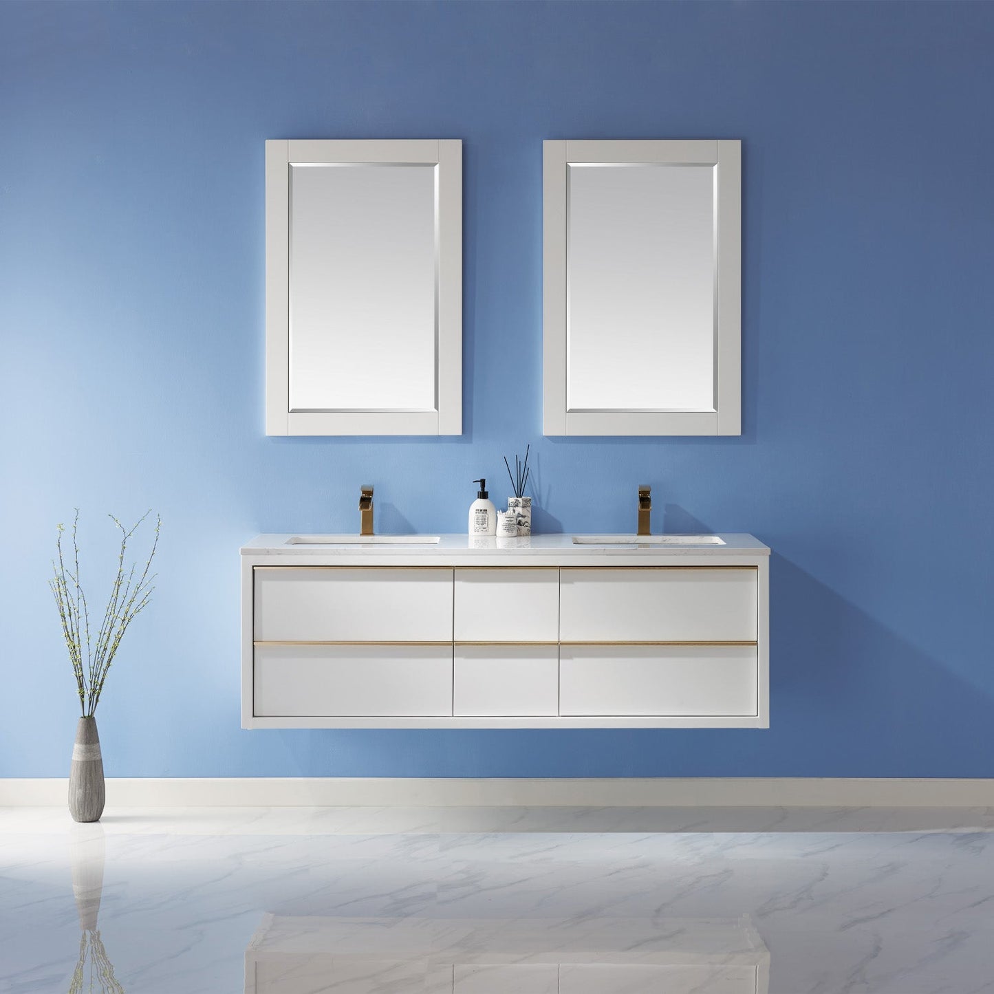 Morgan 60" Double Bathroom Vanity Set in White and Aosta White Engineered Stone Countertop with Mirror