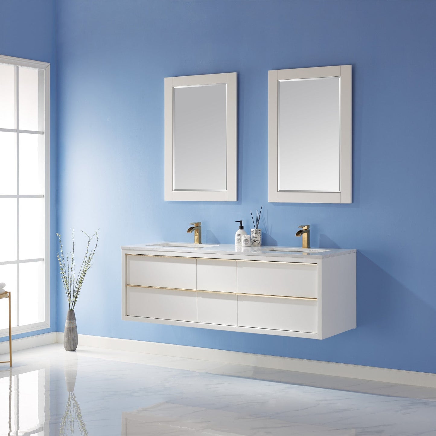 Morgan 60" Double Bathroom Vanity Set in White and Aosta White Engineered Stone Countertop with Mirror